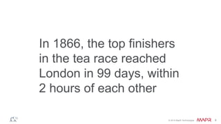 In 1866, the top finishers 
in the tea race reached 
London in 99 days, within 
2 hours of each other 
© 2014 MapR Technologies 8 
 