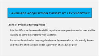 LANGUAGE ACQUISITION THEORY BY LEV VYGOTSKY
Zone of Proximal Development
• It is the difference between the child’s capacity to solve problems on his own and his
capacity to solve the problems with assistance.
• It can also be defined as denoting the distance between what a child actually knows
and what the child can learn under supervision of an adult or peer.
 