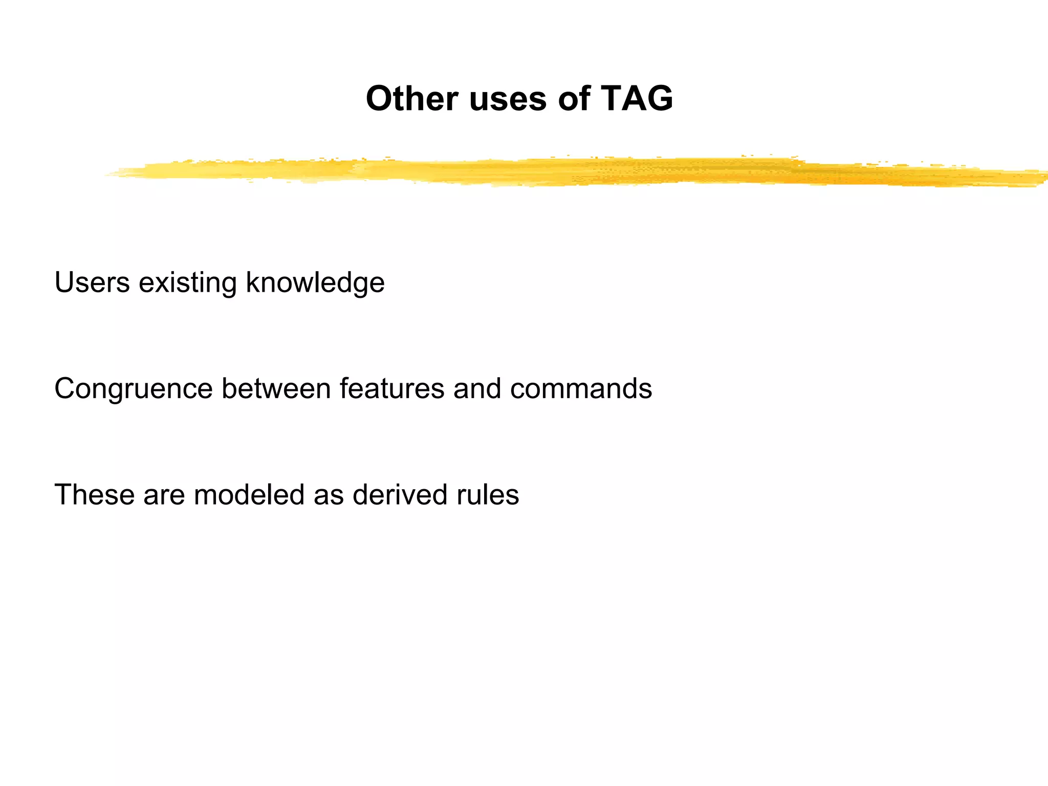 Other uses of TAG Users existing knowledge Congruence between features and commands These are modeled as derived rules 