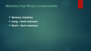 Memory has three components
 Sensory memory
 Long – term memory
 Short – term memory
 
