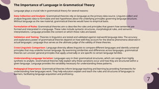 7
The Importance of Language in Grammatical Theory
Language plays a crucial role in grammatical theory for several reasons:
Data Collection and Analysis: Grammatical theories rely on language as the primary data source. Linguists collect and
analyze linguistic data to formulate and test hypotheses about the underlying principles governing language structure.
Without language as the raw material, grammatical theories would have no empirical basis.
Formulation of Rules: Grammatical theories aim to describe the rules and principles that govern how sentences are
formed and interpreted in a language. These rules include syntactic structures, morphological rules, and semantic
interpretations. Language provides the content on which these rules are based.
Validation and Testing: Theories in linguistics are tested and validated against real-world language data. The accuracy
and explanatory power of grammatical theories depend on how well they account for the diverse phenomena observed in
actual languages. Language thus serves as the ultimate judge of the validity of these theories.
Cross-Linguistic Comparison: Language diversity allows linguists to compare different languages and identify universal
principles that may underlie human language. By examining similarities and differences across languages, grammatical
theories can uncover general principles that apply universally or are specific to certain language families.
Understanding Language Variation: Languages vary in their grammatical structures, which can range from highly
synthetic to analytic. Grammatical theories help explain why these variations occur and how they are structured within a
given language. Language provides the variability necessary for understanding these patterns.
Pedagogical Importance: Grammatical theories inform language teaching and learning by providing frameworks for
understanding how languages work. They help educators explain and teach the rules and structures of languages to
learners, facilitating language acquisition and proficiency.
 