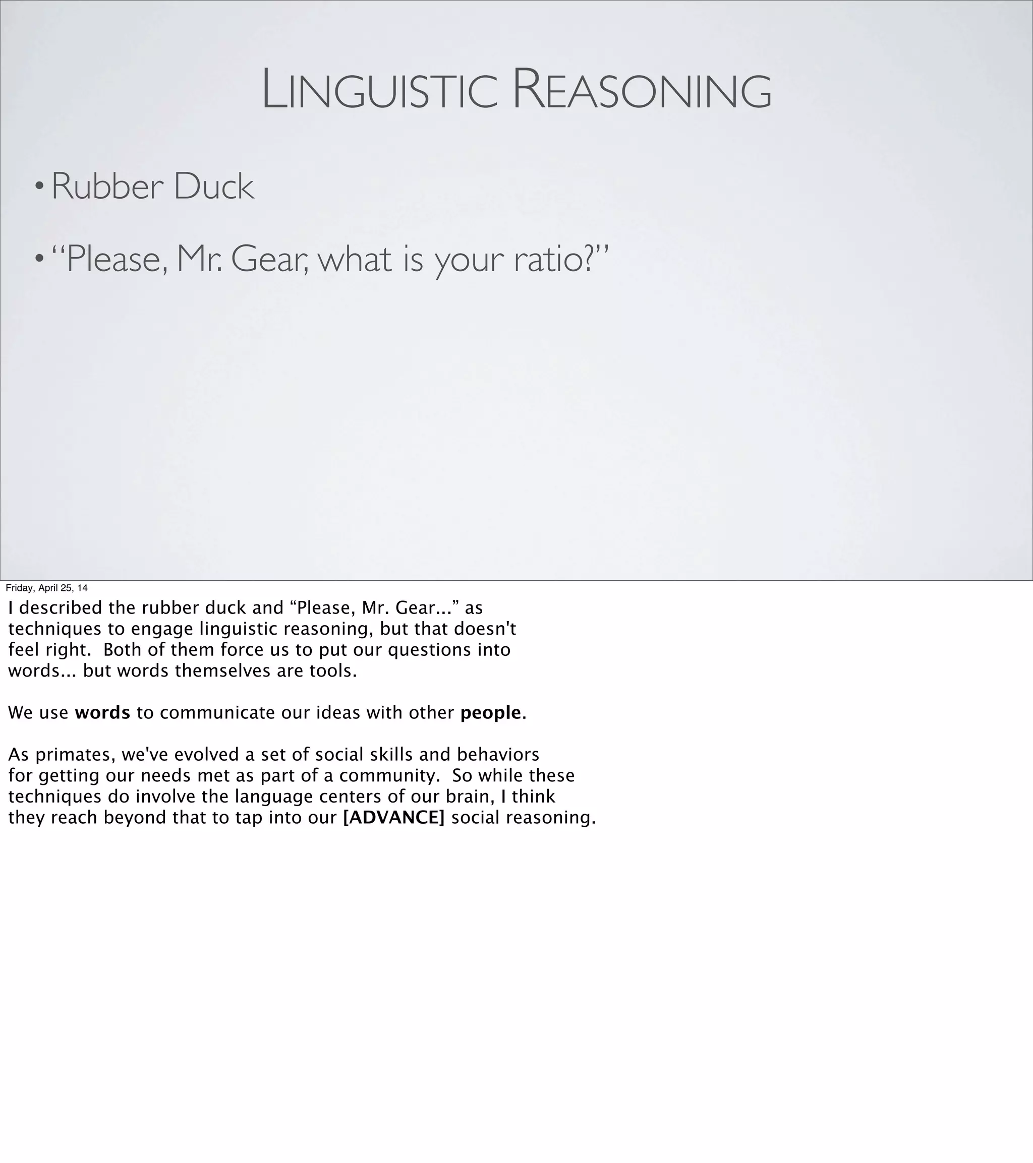 METAPHORS
Friday, April 25, 14
Now for the really handwavy stuff.
Metaphors can be a very useful tool in software.
 