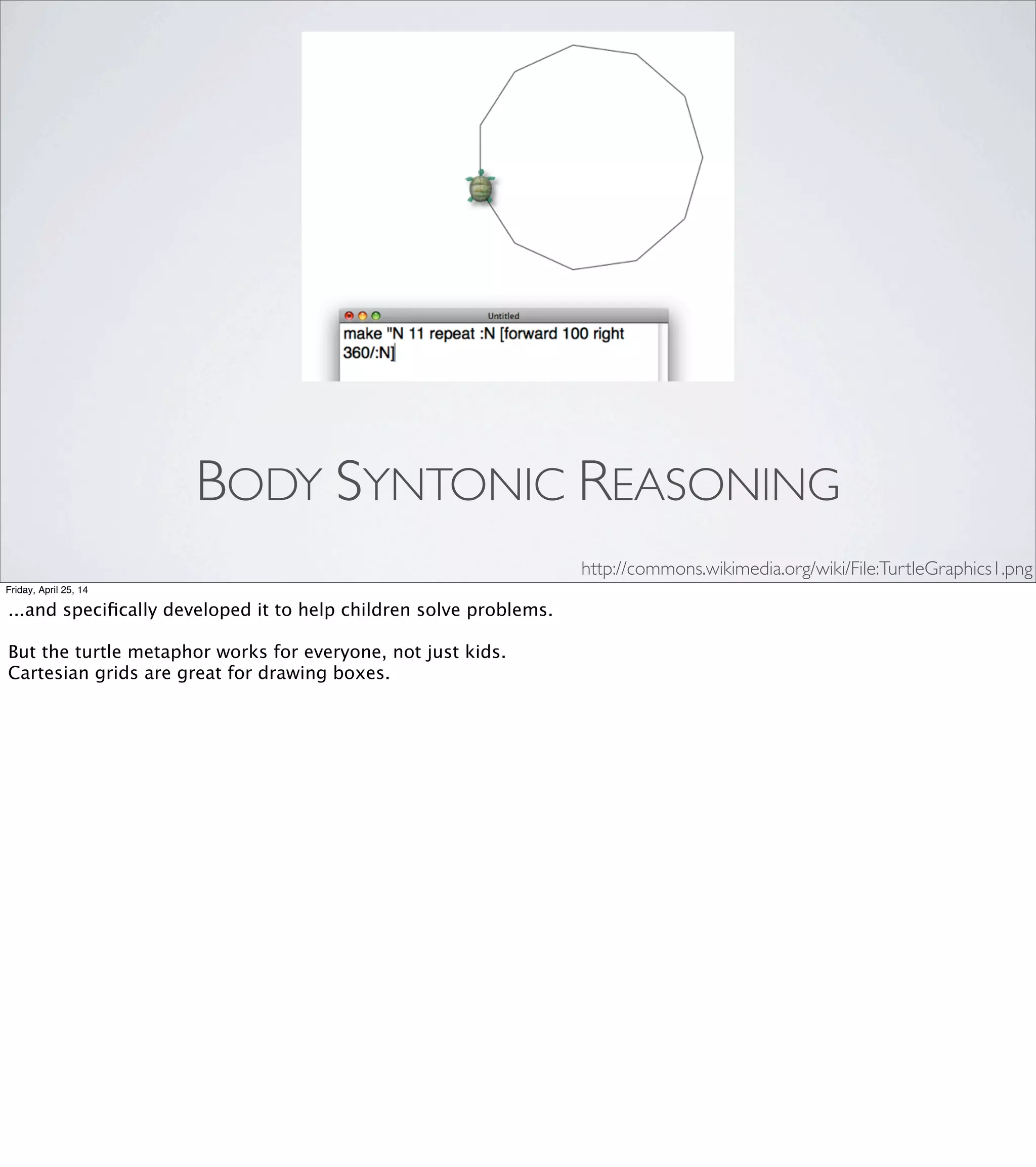 class LineItem
def item
def description
def quantity
def amount
end
class Invoice
def total
line_items_total + taxes
end
# ...
def line_items_total
@line_items.sum(&:amount)
end
end
Friday, April 25, 14
In this model, messages that an object sends to itself go [REVEAL]
south. Any data returned from those calls goes [REVEAL] north.
Communication between objects [REVEAL] is the same thing,
rotated 90 degrees: messages sent to other objects go [REVEAL]
east, and return values go [REVEAL] west.
What James Ladd suggests is that, in general, code that sends
messages to other objects—where information ﬂows east—is easier
to extend and maintain than code that looks at data and decides
what to do with it—where information ﬂows west.
Really, this is just the design principle “Tell, Don’t Ask”, but the metaphor
of the compass recasts it in a way that lets us use our background spatial
awareness to keep the principle in mind.
In fact, there are plenty of ways we can use our background-level
awareness to analyze our code.
 