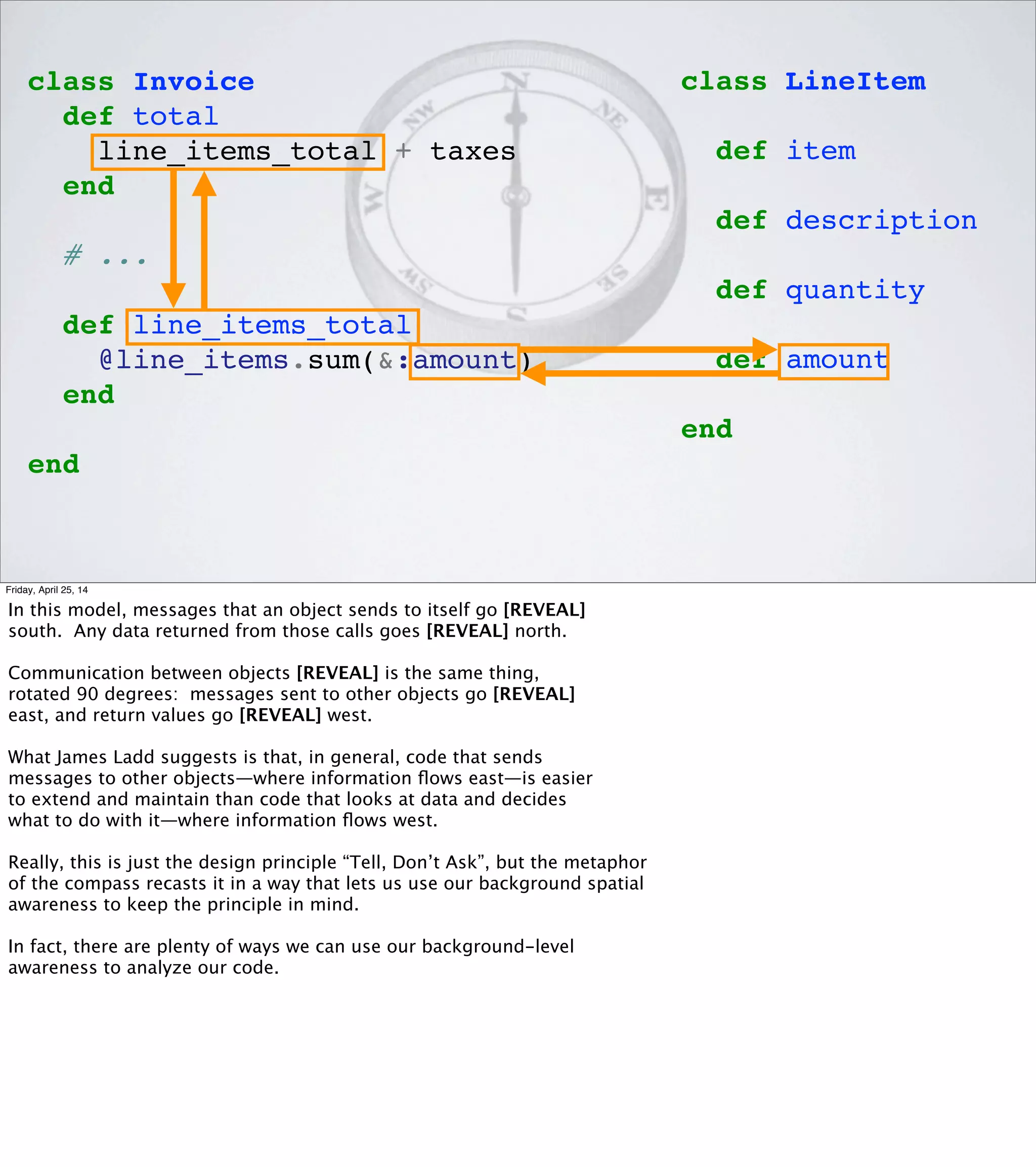 COGNITIVE SHORTCUTS
•Boxes & Arrows
•SquintTest
•Rubber Duck
•"Please, Mr. Gear..."
•UML Sequence Diagrams
•Metaphors:
•Turtle Graphics
•East-Oriented Code
•Code Smells
Friday, April 25, 14
These are most of the shortcuts I’ve accumulated over the years,
and I hope that this can be the start of a similar collection for
some of you.
 