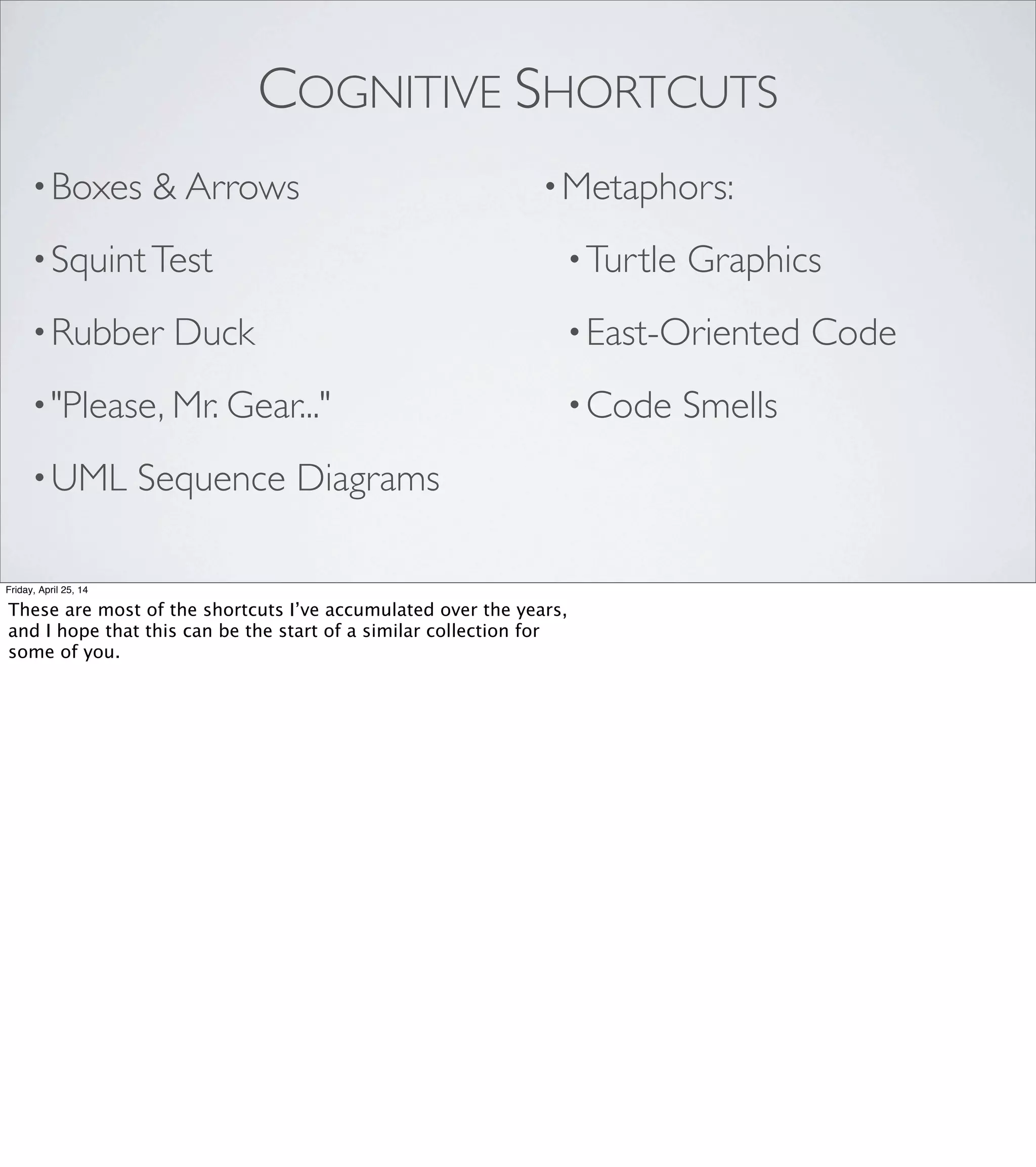 PHOTORECEPTOR CELLS
•~120m rod cells
(monochrome, low light, peripheral vision)
•~6-7m cone cells
(color, more light, central details)
Friday, April 25, 14
The human eye has two different kinds of photoreceptors.
[REVEAL]
There are about 120 million rod cells in each eye. These
play little or no role in color perception and are mostly
used for night-time and peripheral vision.
[REVEAL]
There are also about 6 or 7 million cone cells in each eye;
these give us color vision and require a lot more light.
The vast majority of the cone cells are packed together in
a tight little cluster near the center of the retina. This area
is what we use to focus on individual details, and it’s smaller
than you might think: it’s only about 15 degrees wide.
 
