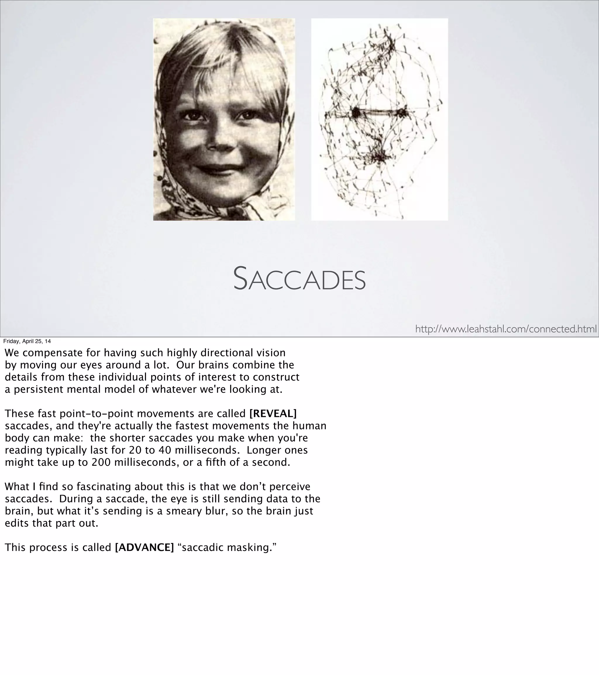 http://www.cambridgeincolour.com/tutorials/cameras-vs-human-eye.htm
Friday, April 25, 14
And as programmers, if we know anything about abstractions, it’s
that they’re hard to get right.
Which leads me to an interesting question: does it make sense to
use any of the techniques I talked about earlier to try to corral
different parts of our brains into doing our work if we don’t know
what kinds of shortcuts they’re going to take?
 