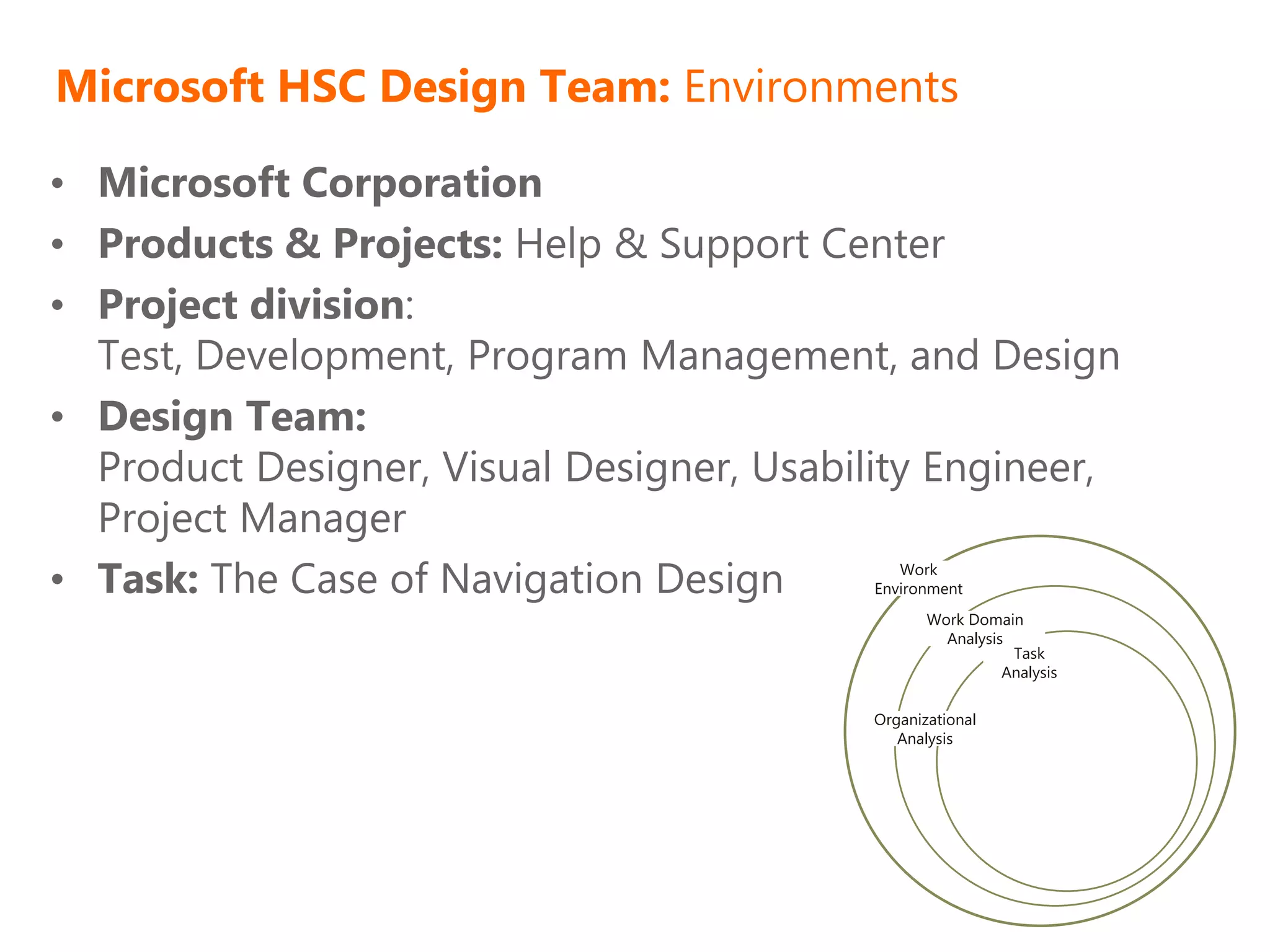 Microsoft HSC Design Team: Environments

• Microsoft Corporation
• Products & Projects: Help & Support Center
• Project division:
  Test, Development, Program Management, and Design
• Design Team:
  Product Designer, Visual Designer, Usability Engineer,
  Project Manager
• Task: The Case of Navigation Design         Work
                                           Environment
                                                  Work Domain
                                                    Analysis
                                                             Task
                                                            Analysis

                                           Organizational
                                              Analysis
 
