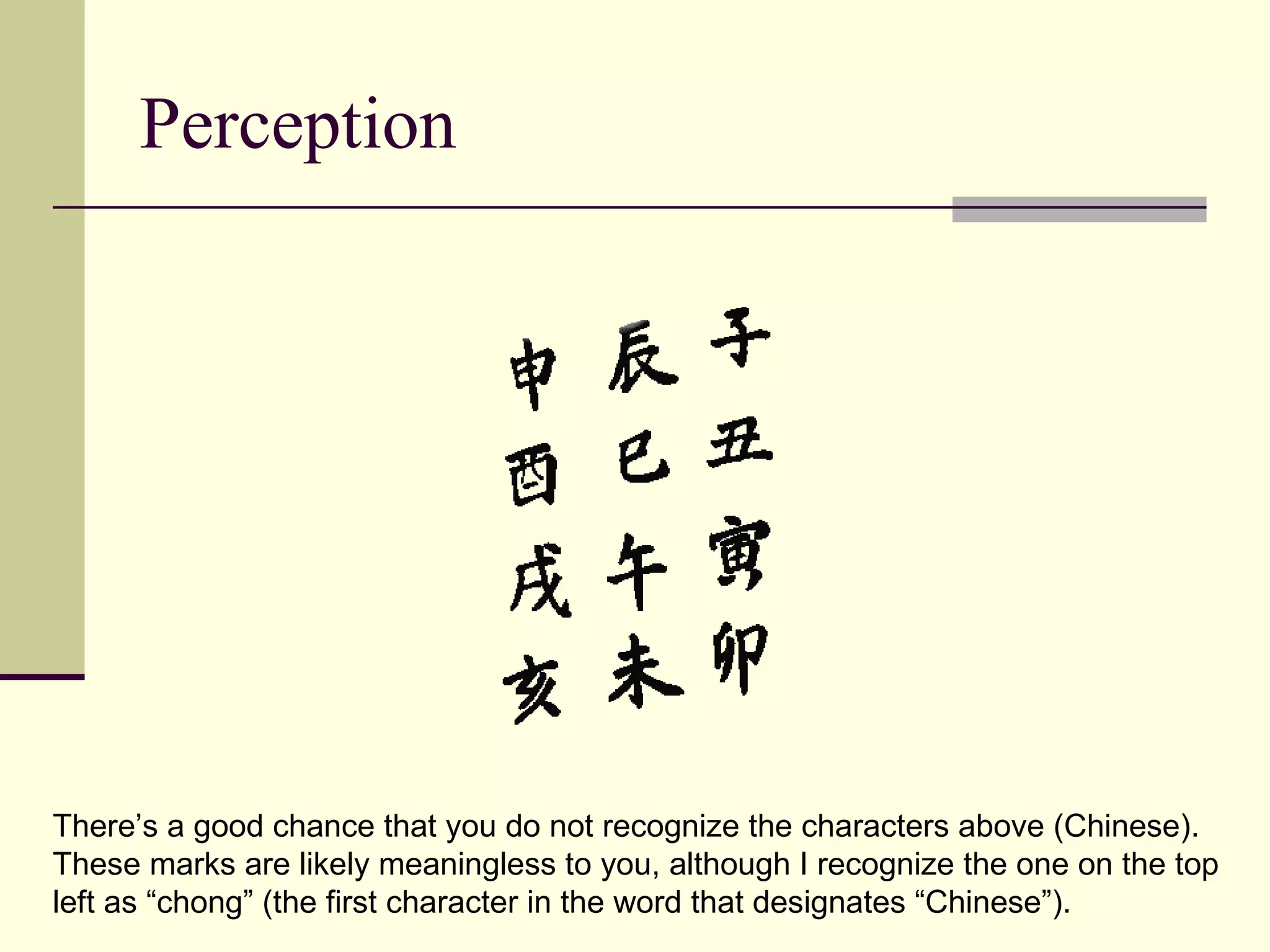 Perception




There’s a good chance that you do not recognize the characters above (Chinese).
These marks are likely meaningless to you, although I recognize the one on the top
left as “chong” (the first character in the word that designates “Chinese”).
 