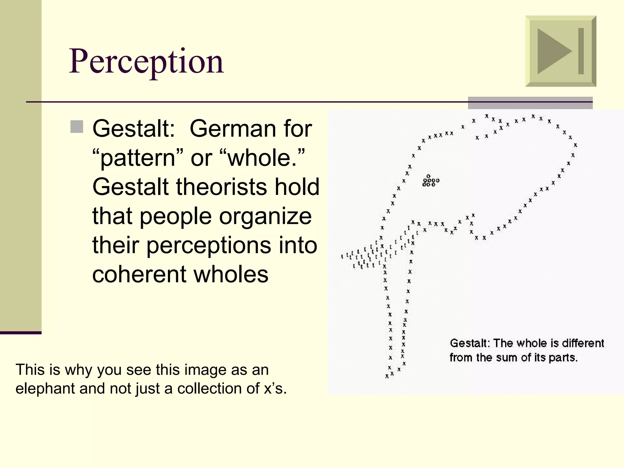 Perception
         Gestalt: German for
           “pattern” or “whole.”
           Gestalt theorists hold
           that people organize
           their perceptions into
           coherent wholes


This is why you see this image as an
elephant and not just a collection of x’s.
 