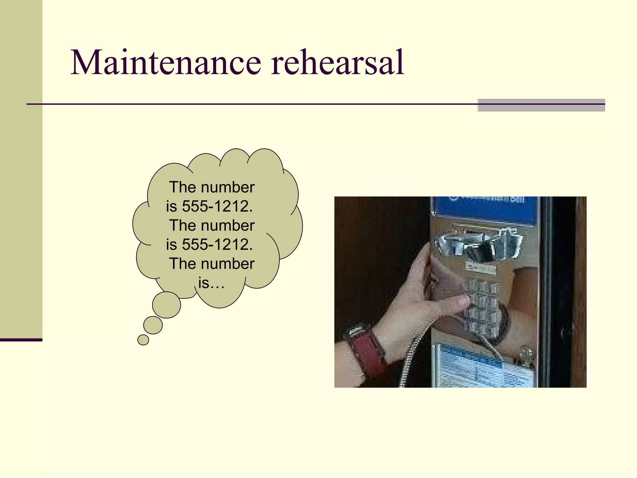 Maintenance rehearsal


       The number
      is 555-1212.
       The number
      is 555-1212.
       The number
           is…
 