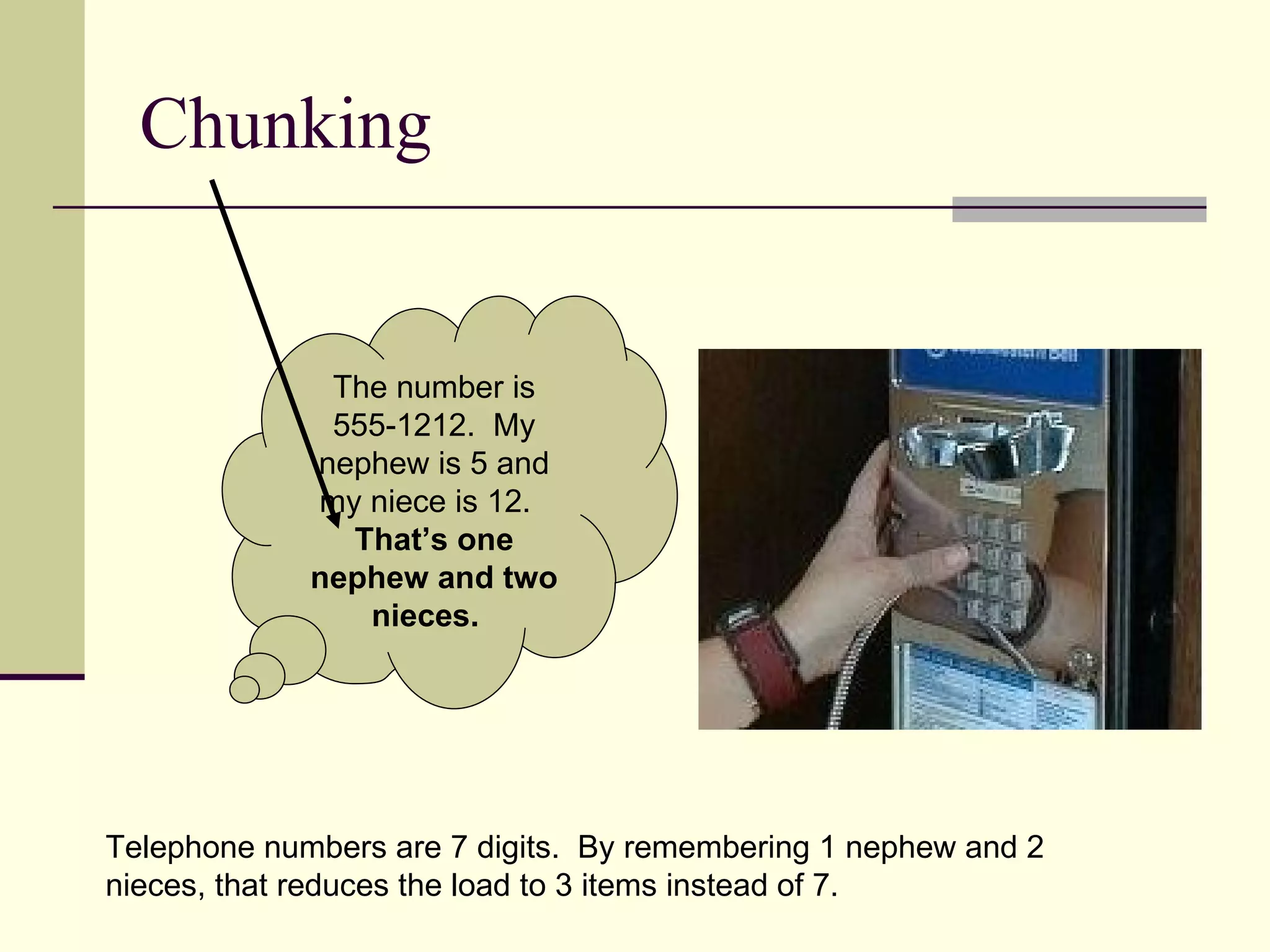 Chunking


              The number is
              555-1212. My
             nephew is 5 and
             my niece is 12.
               That’s one
             nephew and two
                nieces.




Telephone numbers are 7 digits. By remembering 1 nephew and 2
nieces, that reduces the load to 3 items instead of 7.
 