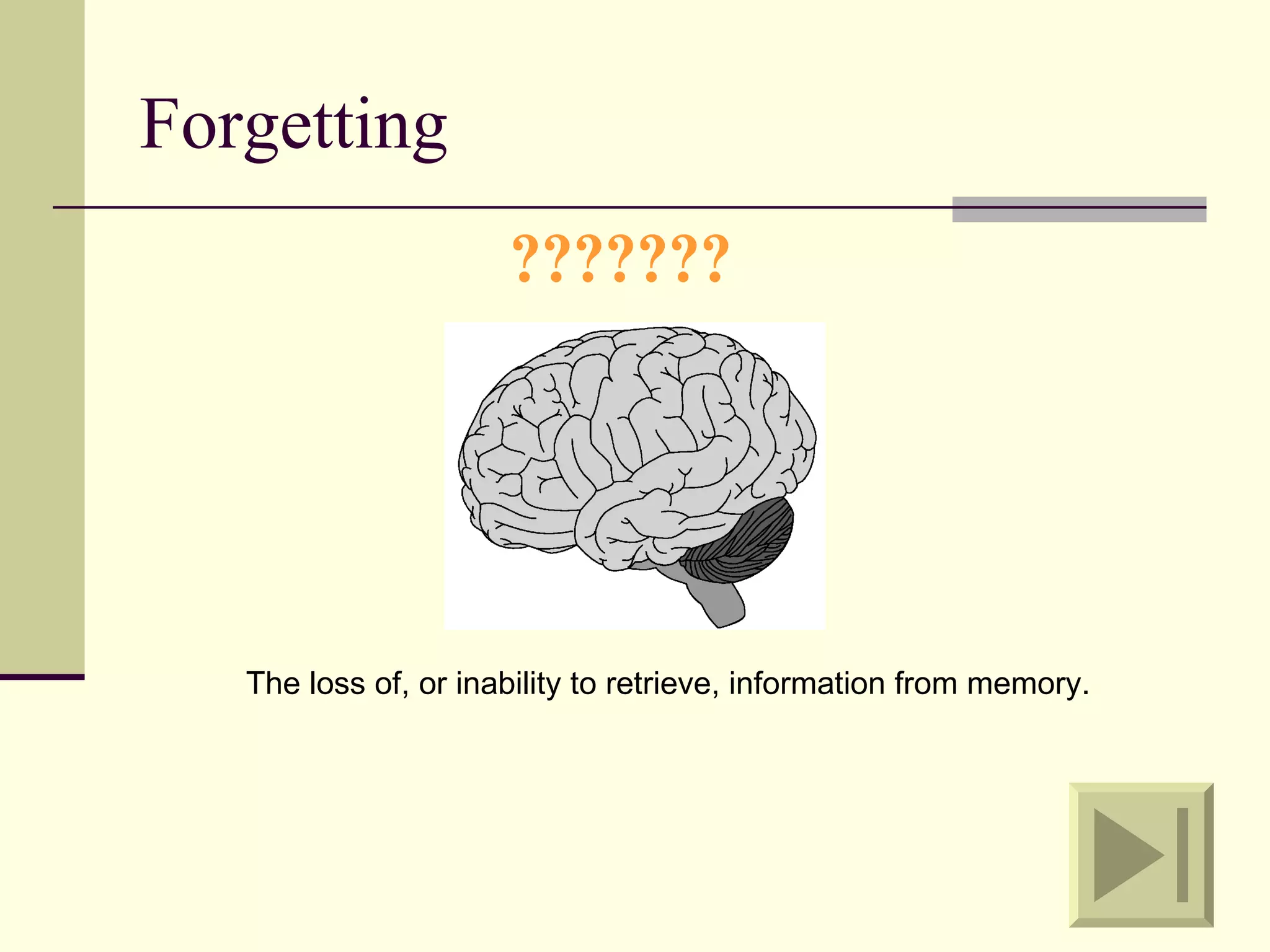 Forgetting
                      ???????




   The loss of, or inability to retrieve, information from memory.
 
