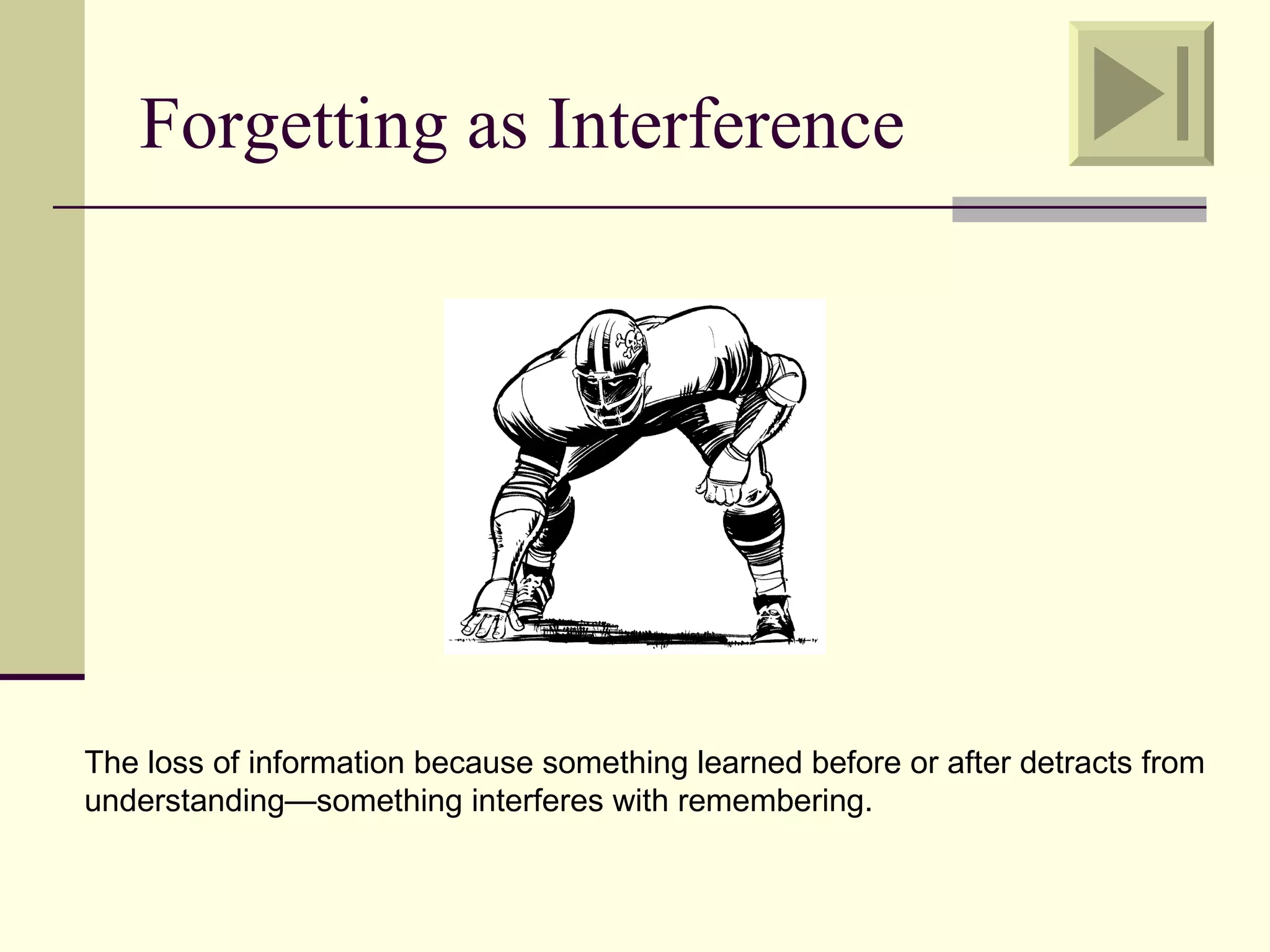 Forgetting as Interference




The loss of information because something learned before or after detracts from
understanding—something interferes with remembering.
 