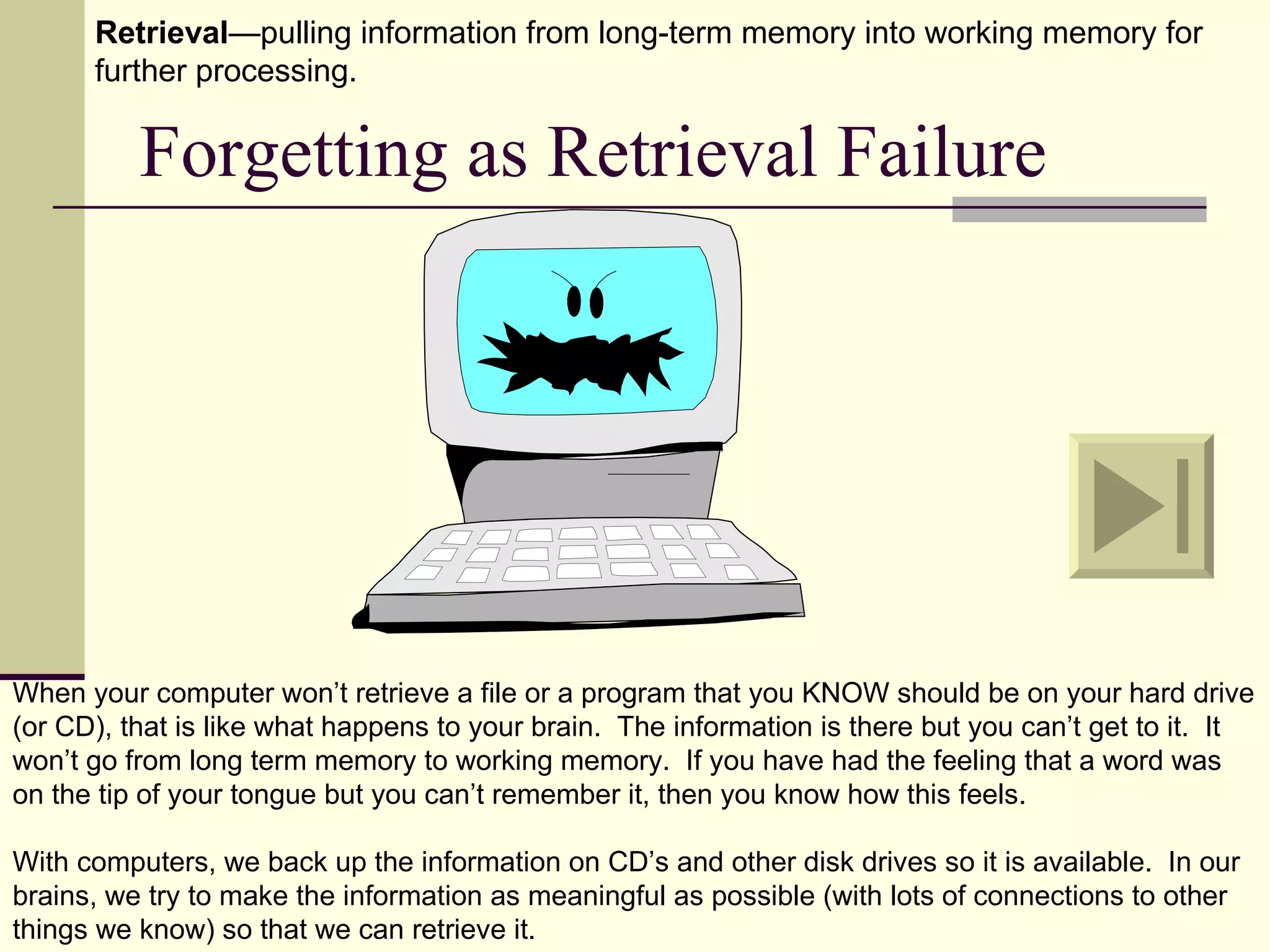 Retrieval—pulling information from long-term memory into working memory for
      further processing.

          Forgetting as Retrieval Failure




When your computer won’t retrieve a file or a program that you KNOW should be on your hard drive
(or CD), that is like what happens to your brain. The information is there but you can’t get to it. It
won’t go from long term memory to working memory. If you have had the feeling that a word was
on the tip of your tongue but you can’t remember it, then you know how this feels.

With computers, we back up the information on CD’s and other disk drives so it is available. In our
brains, we try to make the information as meaningful as possible (with lots of connections to other
things we know) so that we can retrieve it.
 
