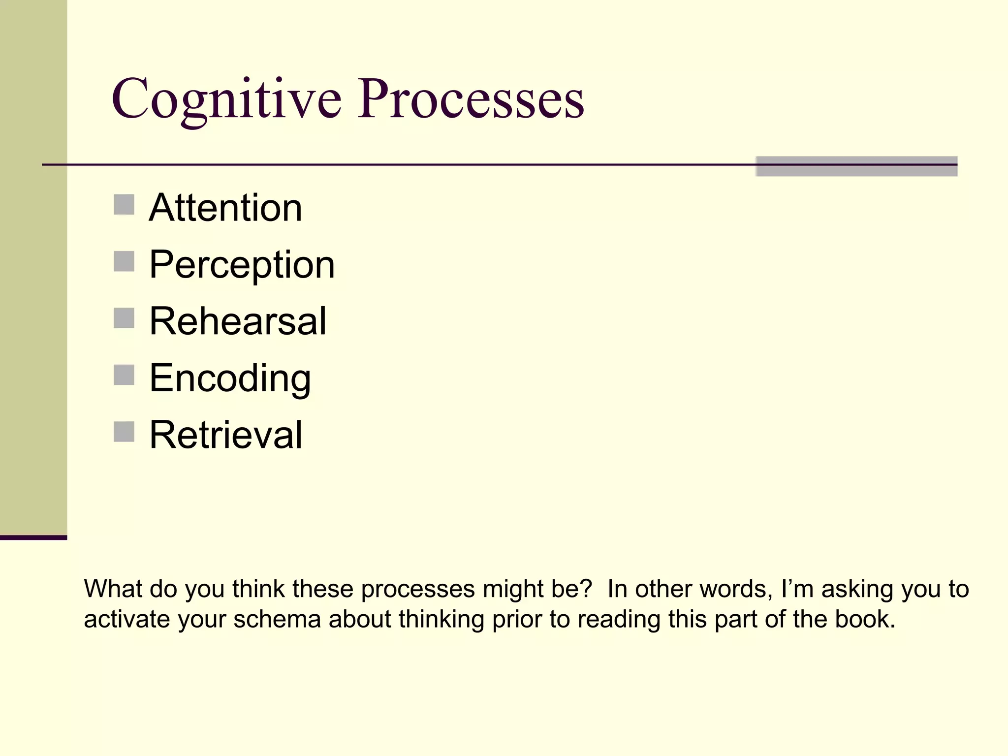 Cognitive Processes
   Attention
   Perception
   Rehearsal
   Encoding
   Retrieval



What do you think these processes might be? In other words, I’m asking you to
activate your schema about thinking prior to reading this part of the book.
 