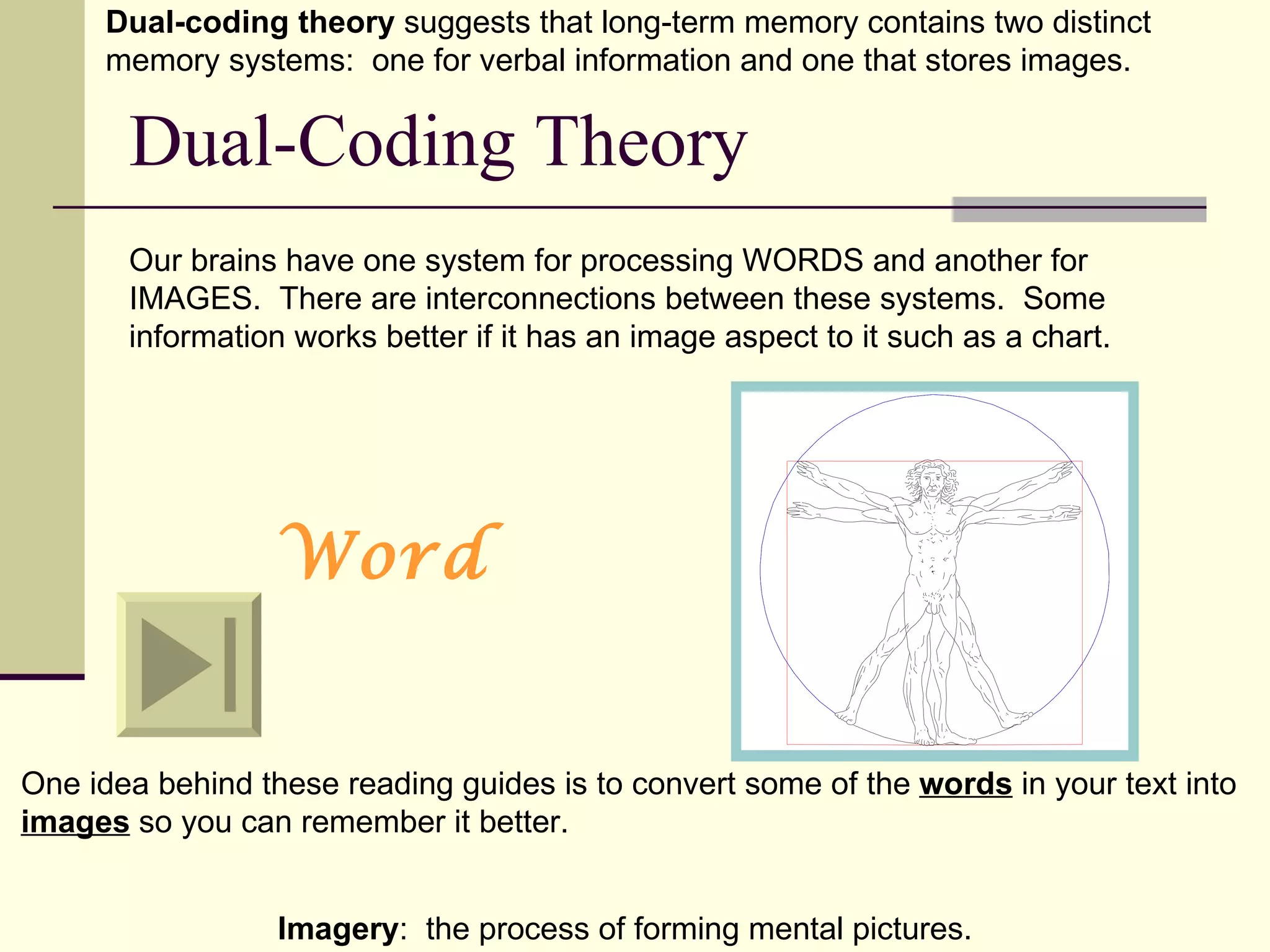 Dual-coding theory suggests that long-term memory contains two distinct
     memory systems: one for verbal information and one that stores images.

       Dual-Coding Theory
       Our brains have one system for processing WORDS and another for
       IMAGES. There are interconnections between these systems. Some
       information works better if it has an image aspect to it such as a chart.




                  Word


One idea behind these reading guides is to convert some of the words in your text into
images so you can remember it better.


                  Imagery: the process of forming mental pictures.
 