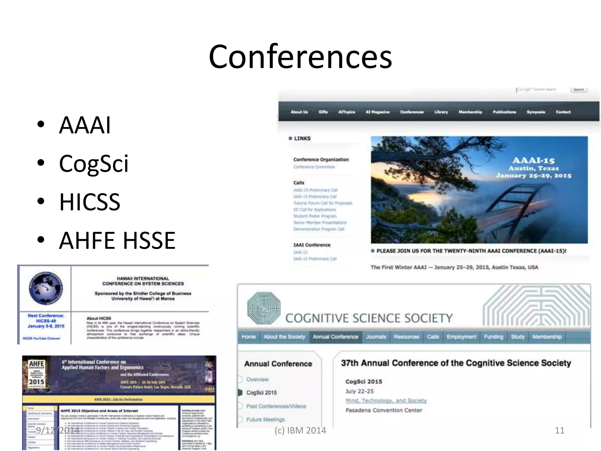 Conferences 
• AAAI 
• CogSci 
• HICSS 
• AHFE HSSE 
9/12/2014 (c) IBM 2014 11 
 