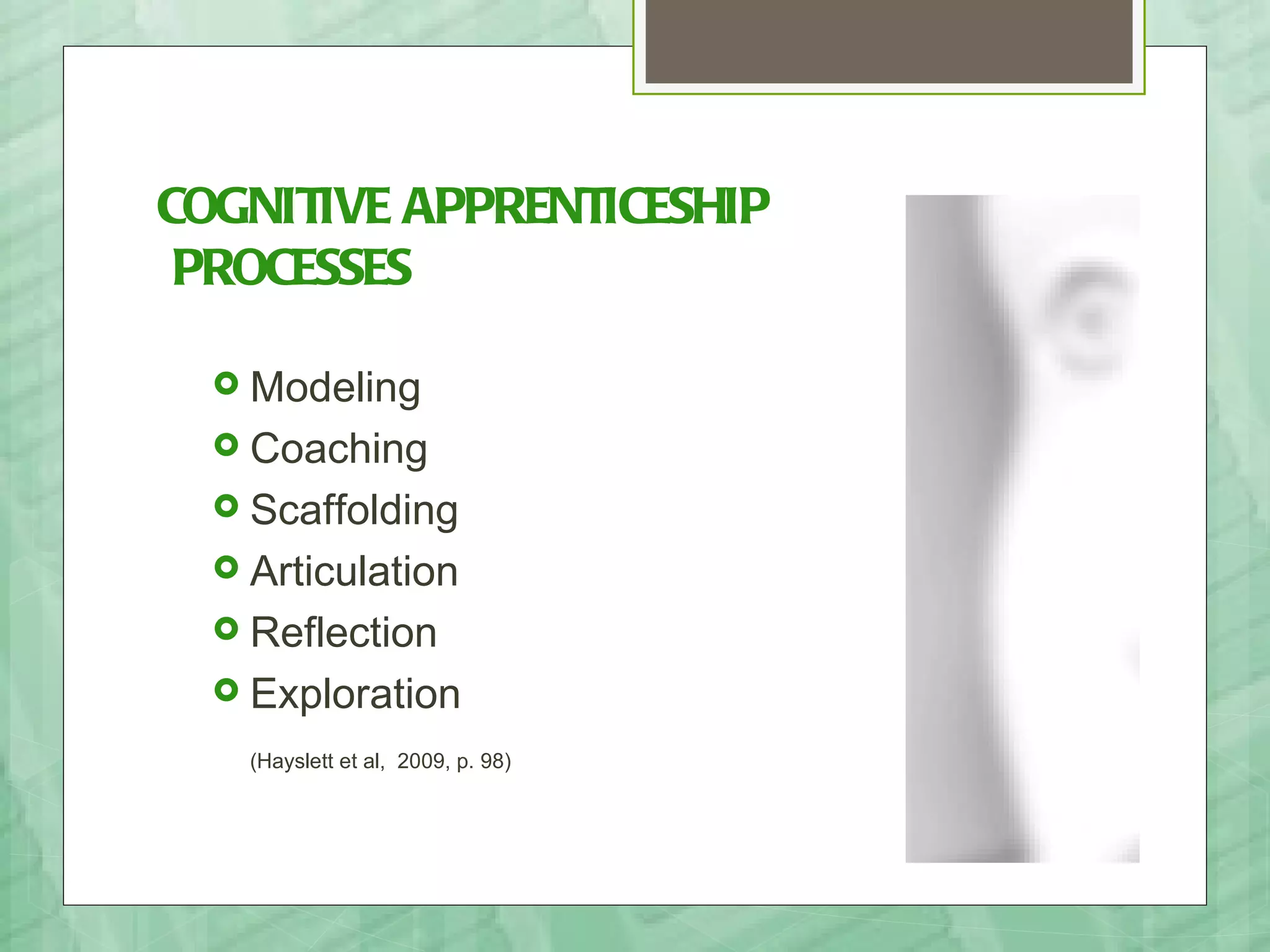 COGNITIVE APPRENTICESHIP
 PROCESSES

   Modeling
   Coaching
   Scaffolding
   Articulation
   Reflection
   Exploration

    (Hayslett et al, 2009, p. 98)
 