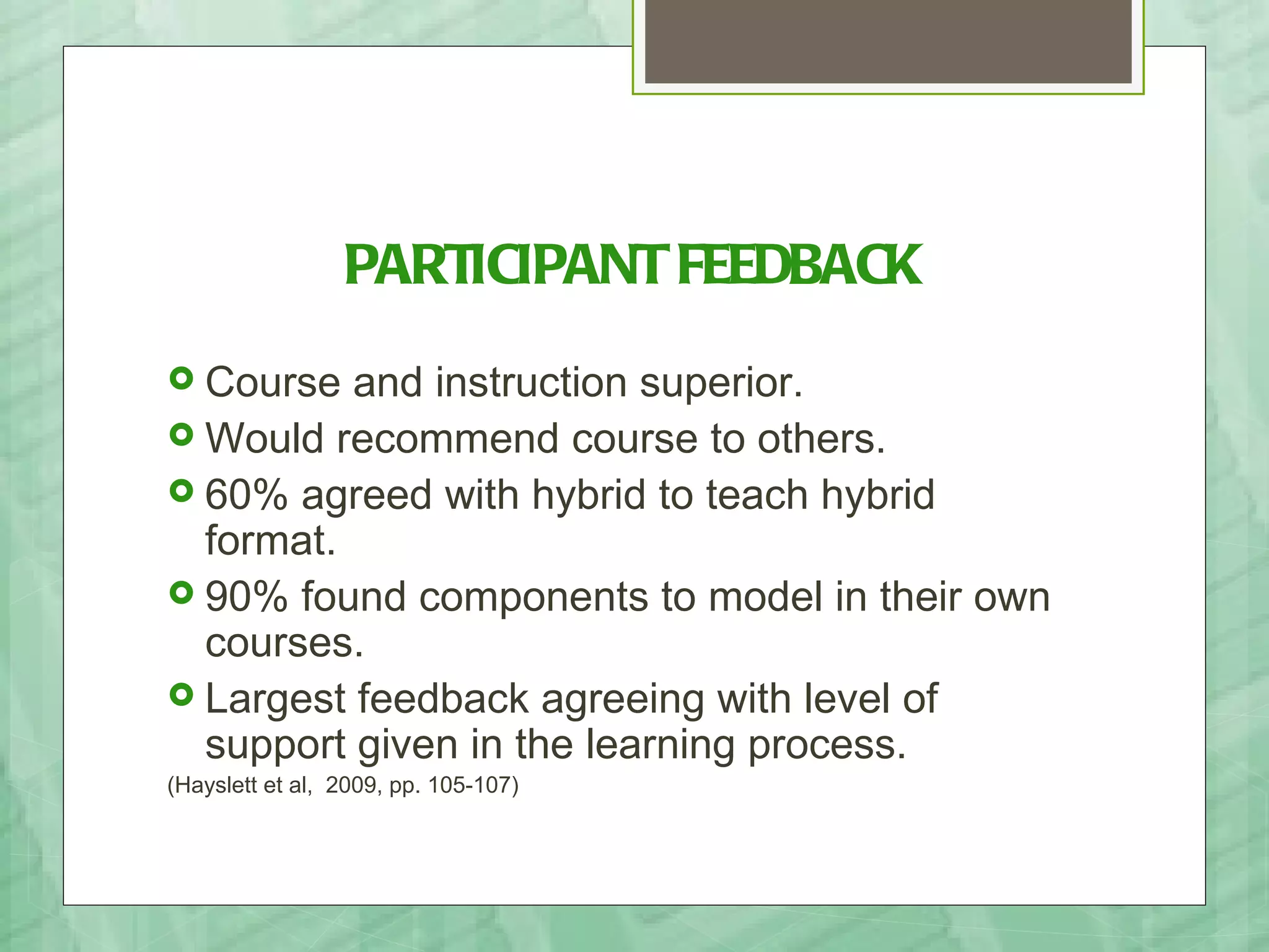 PARTICIPANT FEEDBACK
 Course  and instruction superior.
 Would recommend course to others.
 60% agreed with hybrid to teach hybrid
  format.
 90% found components to model in their own
  courses.
 Largest feedback agreeing with level of
  support given in the learning process.
(Hayslett et al, 2009, pp. 105-107)
 