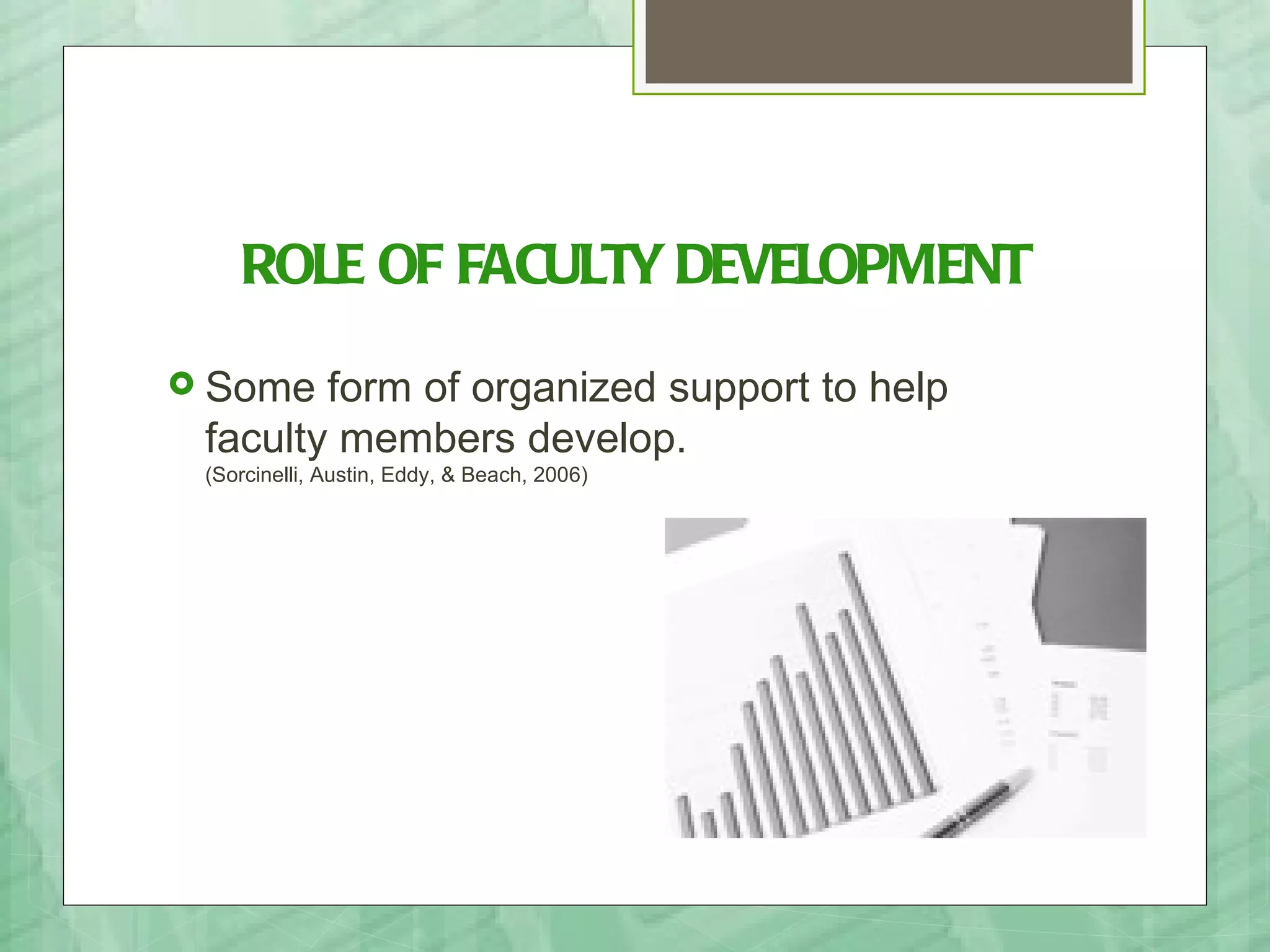 ROLE OF FACULTY DEVELOPMENT
 Some  form of organized support to help
 faculty members develop.
 (Sorcinelli, Austin, Eddy, & Beach, 2006)
 