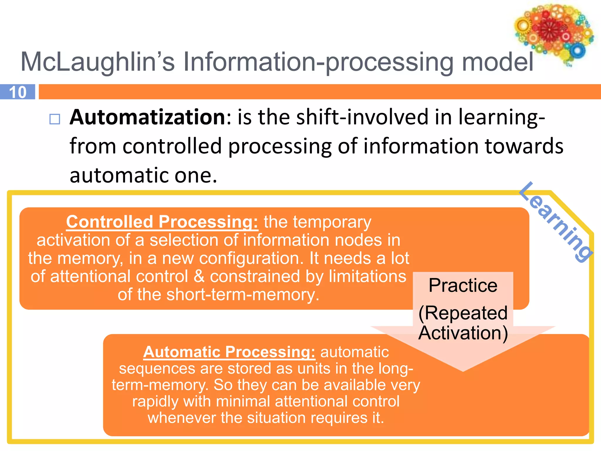 McLaughlin’s Information-processing model
10
 Automatization: is the shift-involved in learning-
from controlled processing of information towards
automatic one.
Controlled Processing: the temporary
activation of a selection of information nodes in
the memory, in a new configuration. It needs a lot
of attentional control & constrained by limitations
of the short-term-memory.
Automatic Processing: automatic
sequences are stored as units in the long-
term-memory. So they can be available very
rapidly with minimal attentional control
whenever the situation requires it.
Practice
(Repeated
Activation)
 