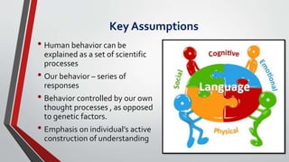 Key Assumptions
• Human behavior can be
explained as a set of scientific
processes
• Our behavior – series of
responses
• Behavior controlled by our own
thought processes , as opposed
to genetic factors.
• Emphasis on individual’s active
construction of understanding
 