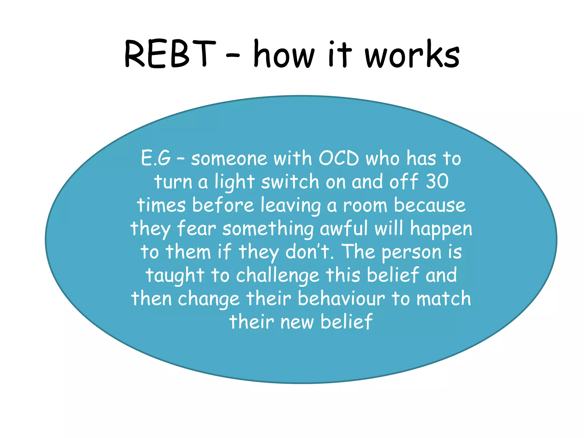 REBT – how it works

 E.G – someone with OCD who has to
   turn a light switch on and off 30
 times before leaving a room because
they fear something awful will happen
 to them if they don’t. The person is
  taught to challenge this belief and
then change their behaviour to match
            their new belief
 