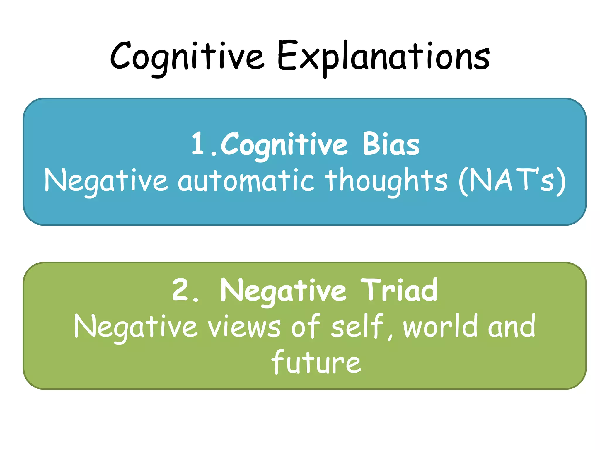 Cognitive Explanations

          1.Cognitive Bias
Negative automatic thoughts (NAT’s)


       2. Negative Triad
 Negative views of self, world and
              future
 