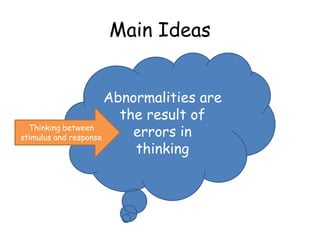 Main Ideas


                      Abnormalities are
                        the result of
  Thinking between
stimulus and response     errors in
                          thinking
 