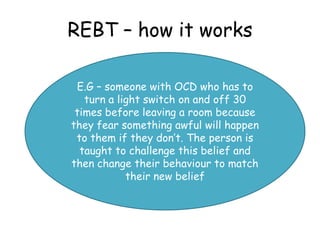REBT – how it works

 E.G – someone with OCD who has to
   turn a light switch on and off 30
 times before leaving a room because
they fear something awful will happen
 to them if they don’t. The person is
  taught to challenge this belief and
then change their behaviour to match
            their new belief
 
