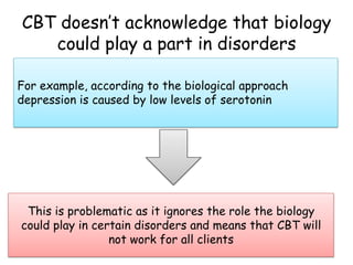 CBT doesn’t acknowledge that biology
   could play a part in disorders

For example, according to the biological approach
depression is caused by low levels of serotonin




 This is problematic as it ignores the role the biology
could play in certain disorders and means that CBT will
                 not work for all clients
 