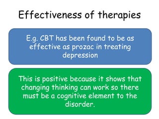 Effectiveness of therapies

  E.g. CBT has been found to be as
   effective as prozac in treating
             depression


This is positive because it shows that
 changing thinking can work so there
 must be a cognitive element to the
               disorder.
 