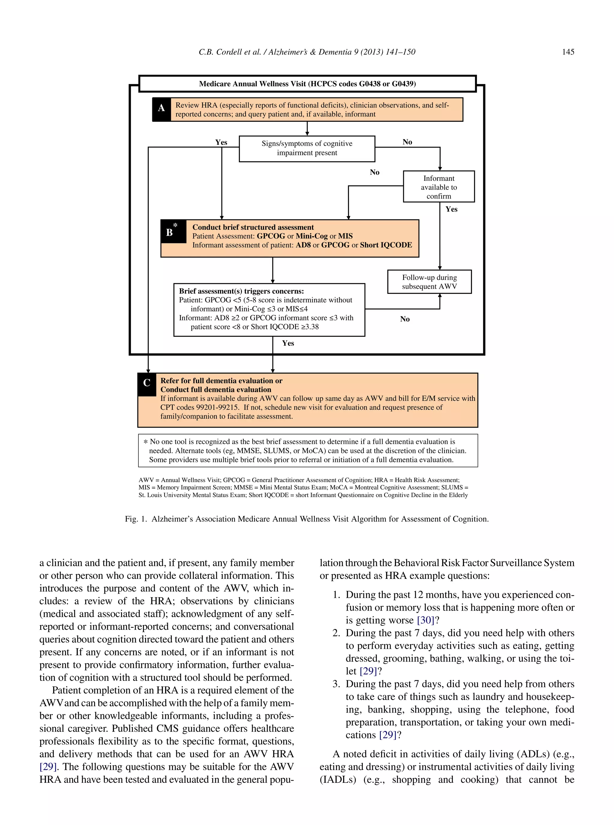 a clinician and the patient and, if present, any family member
or other person who can provide collateral information. This
introduces the purpose and content of the AWV, which in-
cludes: a review of the HRA; observations by clinicians
(medical and associated staff); acknowledgment of any self-
reported or informant-reported concerns; and conversational
queries about cognition directed toward the patient and others
present. If any concerns are noted, or if an informant is not
present to provide conﬁrmatory information, further evalua-
tion of cognition with a structured tool should be performed.
Patient completion of an HRA is a required element of the
AWVand can be accomplished with the help of a family mem-
ber or other knowledgeable informants, including a profes-
sional caregiver. Published CMS guidance offers healthcare
professionals ﬂexibility as to the speciﬁc format, questions,
and delivery methods that can be used for an AWV HRA
[29]. The following questions may be suitable for the AWV
HRA and have been tested and evaluated in the general popu-
lationthroughtheBehavioralRiskFactor SurveillanceSystem
or presented as HRA example questions:
1. During the past 12 months, have you experienced con-
fusion or memory loss that is happening more often or
is getting worse [30]?
2. During the past 7 days, did you need help with others
to perform everyday activities such as eating, getting
dressed, grooming, bathing, walking, or using the toi-
let [29]?
3. During the past 7 days, did you need help from others
to take care of things such as laundry and housekeep-
ing, banking, shopping, using the telephone, food
preparation, transportation, or taking your own medi-
cations [29]?
A noted deﬁcit in activities of daily living (ADLs) (e.g.,
eating and dressing) or instrumental activities of daily living
(IADLs) (e.g., shopping and cooking) that cannot be
Conduct brief structured assessment
Patient Assessment: GPCOG or Mini-Cog or MIS
Informant assessment of patient: AD8 or GPCOG or Short IQCODE
Refer for full dementia evaluation or
Conduct full dementia evaluation
If informant is available during AWV can follow- up same day as AWV and bill for E/M service with
CPT codes 99201-99215. If not, schedule new visit for evaluation and request presence of
family/companion to facilitate assessment.
Follow-up during
subsequent AWV
Brief assessment(s) triggers concerns:
-8 score is indeterminate without
informant) or Mini-
Informant: AD8
patient score 8 3.38
AWV = Annual Wellness Visit; GPCOG = General Practitioner Assessment of Cognition; HRA = Health Risk Assessment;
MIS = Memory Impairment Screen; MMSE = Mini Mental Status Exam; MoCA = Montreal Cognitive Assessment; SLUMS =
St. Louis University Mental Status Exam; Short IQCODE = short Informant Questionnaire on Cognitive Decline in the Elderly
Review HRA (especially reports of functional deficits), clinician observations, and self-
reported concerns; and query patient and, if available, informant
A
B
*
C
* No one tool is recognized as the best brief assessment to determine if a full dementia evaluation is
needed. Alternate tools (eg, MMSE, SLUMS, or MoCA) can be used at the discretion of the clinician.
Some providers use multiple brief tools prior to referral or initiation of a full dementia evaluation.
Signs/symptoms of cognitive
impairment present
Medicare Annual Wellness Visit (HCPCS codes G0438 or G0439)
Yes No
Informant
available to
confirm
Yes
No
No
Yes
Fig. 1. Alzheimer’s Association Medicare Annual Wellness Visit Algorithm for Assessment of Cognition.
C.B. Cordell et al. / Alzheimer’s  Dementia 9 (2013) 141–150 145
 