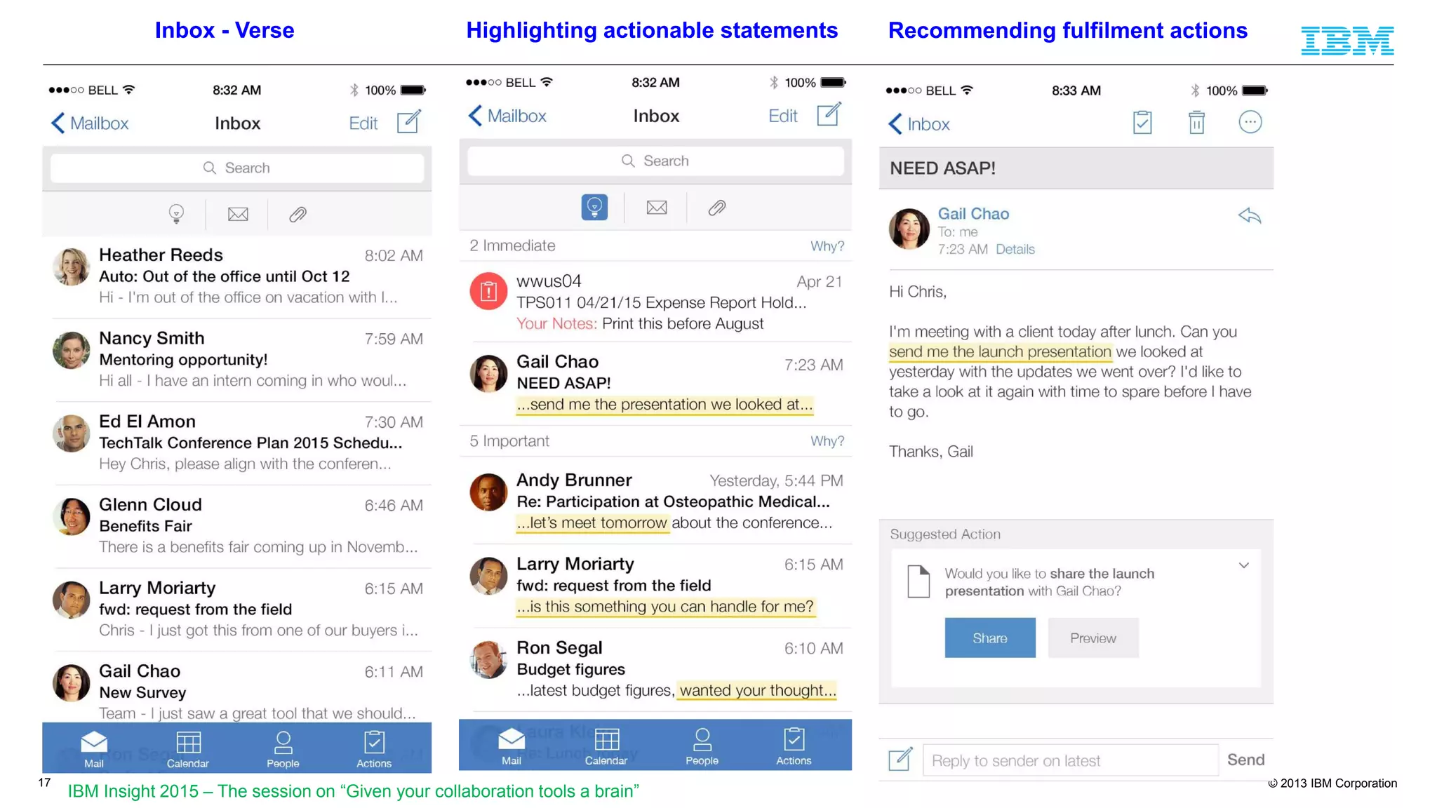 © 2013 IBM Corporation17
Inbox - Verse Highlighting actionable statements Recommending fulfilment actions
IBM Insight 2015 – The session on “Given your collaboration tools a brain”
 
