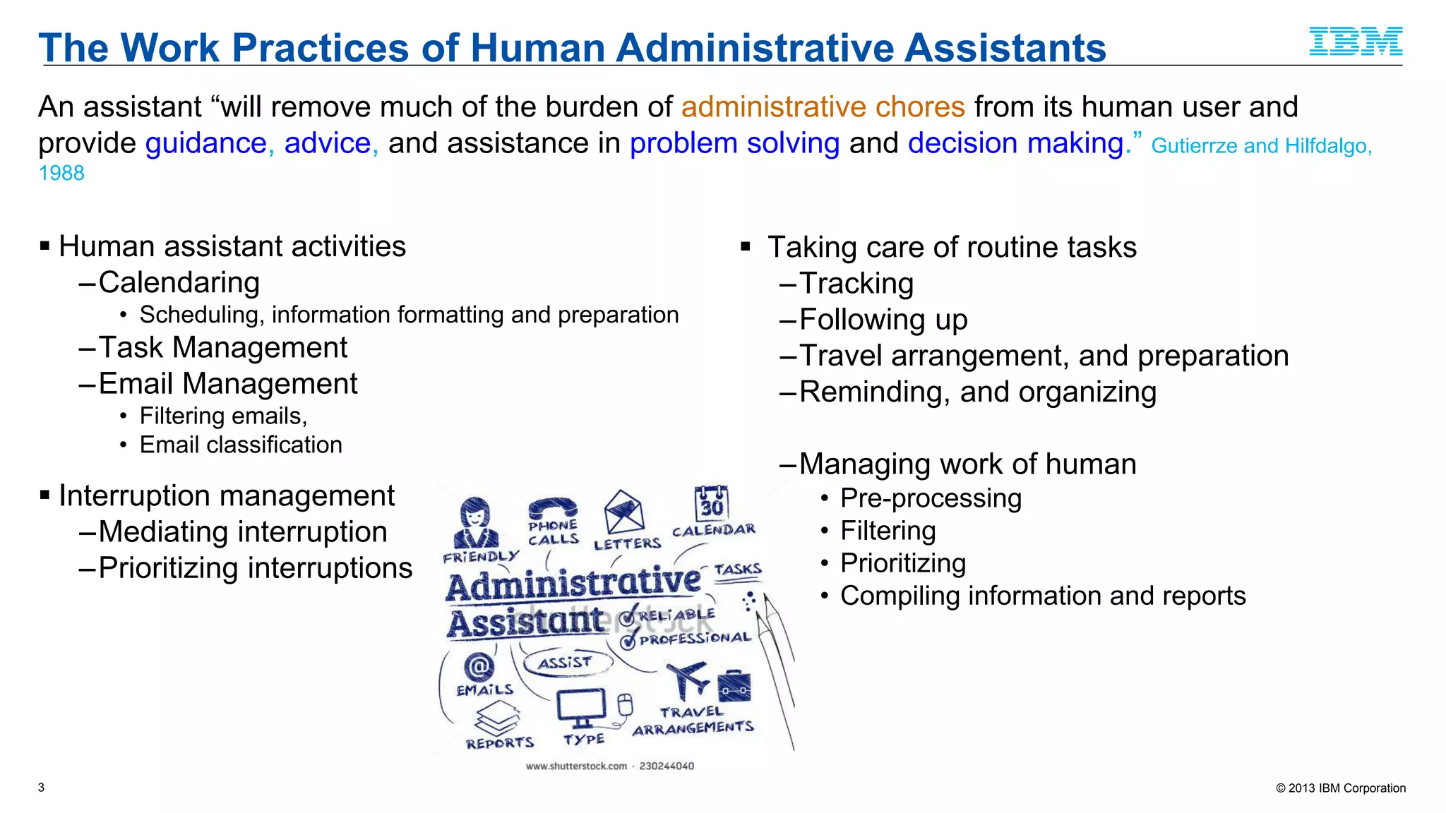 © 2013 IBM Corporation
The Work Practices of Human Administrative Assistants
 Human assistant activities
–Calendaring
• Scheduling, information formatting and preparation
–Task Management
–Email Management
• Filtering emails,
• Email classification
 Interruption management
–Mediating interruption
–Prioritizing interruptions
 Taking care of routine tasks
–Tracking
–Following up
–Travel arrangement, and preparation
–Reminding, and organizing
–Managing work of human
• Pre-processing
• Filtering
• Prioritizing
• Compiling information and reports
3
An assistant “will remove much of the burden of administrative chores from its human user and
provide guidance, advice, and assistance in problem solving and decision making.” Gutierrze and Hilfdalgo,
1988
 