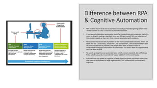 Difference between RPA
& Cognitive Automation
• RPA enables macro level task automation. Basically standardizing things which have
“finite number of rules” or have a set workflow to them.
• If one were to talk about automation task of a standard data entry operator (which is
more to do with reading a standard form and filling an excel). RPA can take care of
this problem easily as there is a finite rule set associated with problems.
• Now comes the second set of problem or the more complicated scenarios. There are
fields like law , accounting , researcher , risk practitioners , data analysts (where a lot
of unstructured data is present ) and people who work on loads of data to
understand meaningful information by inferences. This task is done by cognitive and
can’t be done by RPA.
• To sum it up Cognitive can automate tasks which are non standard , do not follow a
finite set of rules and are considered “value additive” in the world today.
• But even with the power of cognitive, at end of the day there are always some rules
that need to be followed in large organizations. This is where RPA combines with
cognitive.
 