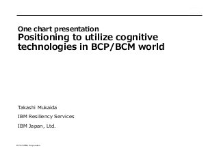 © 2016 IBM Corporation
Takashi Mukaida
IBM Resiliency Services
IBM Japan, Ltd.
One chart presentation
Positioning to utilize cognitive
technologies in BCP/BCM world
 