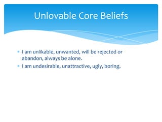 I am unlikable, unwanted, will be rejected or
abandon, always be alone.
I am undesirable, unattractive, ugly, boring.
Unlovable Core Beliefs
 