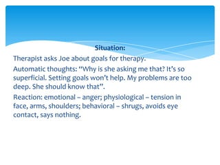 Situation:
Therapist asks Joe about goals for therapy.
Automatic thoughts: “Why is she asking me that? It’s so
superficial. Setting goals won’t help. My problems are too
deep. She should know that”.
Reaction: emotional – anger; physiological – tension in
face, arms, shoulders; behavioral – shrugs, avoids eye
contact, says nothing.
 