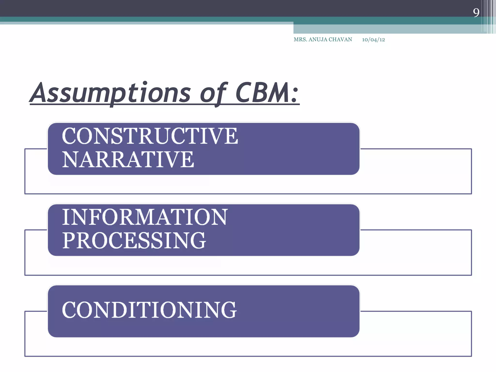 9

                  MRS. ANUJA CHAVAN   10/04/12




Assumptions of CBM:
 