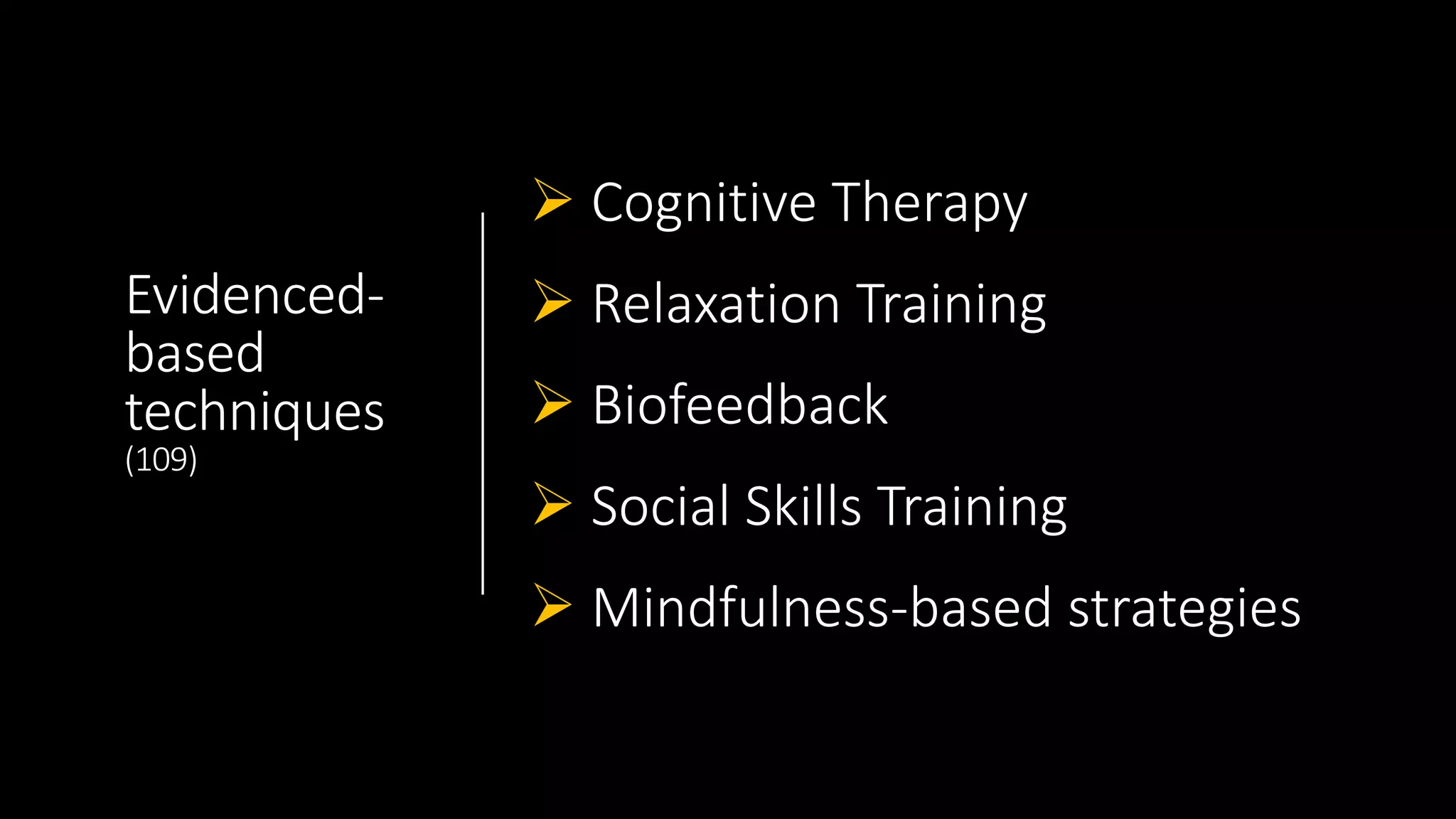Evidenced-
based
techniques
(109)
 Cognitive Therapy
 Relaxation Training
 Biofeedback
 Social Skills Training
 Mindfulness-based strategies
 