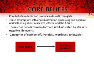 • Core beliefs underlie and produce automatic thoughts.
• These assumptions influence information processing and organize
  understanding about ourselves, others, and the future.
• These core beliefs remain dormant until activated by stress or
  negative life events.
• Categories of core beliefs (helpless, worthless, unlovable)
 