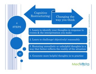 Cognitive
Restructuring: Changing the
way you think
1. Learn to identify your thoughts in response to
events & the interpretation you make
4
STEPS
(c)Dr.RenjanRoyMathewrenjmat@gmail.com
2. Learn to challenge/ objectively/ reasonably
3. Restating unrealistic or unhelpful thoughts in a
way that better reflects the reality of the situation
4. Generate more helpful thoughts in to practice
27
(c)Dr.RenjanRoyMathew
 