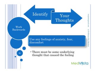 Identify Your
Thoughts
Work
Backwards
(c)Dr.RenjanRoyMathewrenjmat@gmail.com
Use any feelings of anxiety, fear,
discomfort
•There must be some underlying
thought that caused the feeling
31
(c)Dr.RenjanRoyMathew
 
