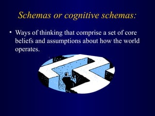 Schemas or cognitive schemas:
• Ways of thinking that comprise a set of core
beliefs and assumptions about how the world
operates.
 