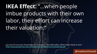 @malekontheweb
IKEA Effect: “…when people
imbue products with their own
labor, their effort can increase
their valuation.”
Journal of Consumer Psychology Vol 22 Issue 3: “The IKEA effect: When labor leads to love” -
http://www.people.hbs.edu/mnorton/norton%20mochon%20ariely.pdf
 