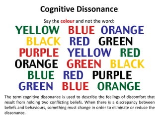 The term cognitive dissonance is used to describe the feelings of discomfort that
result from holding two conflicting beli...