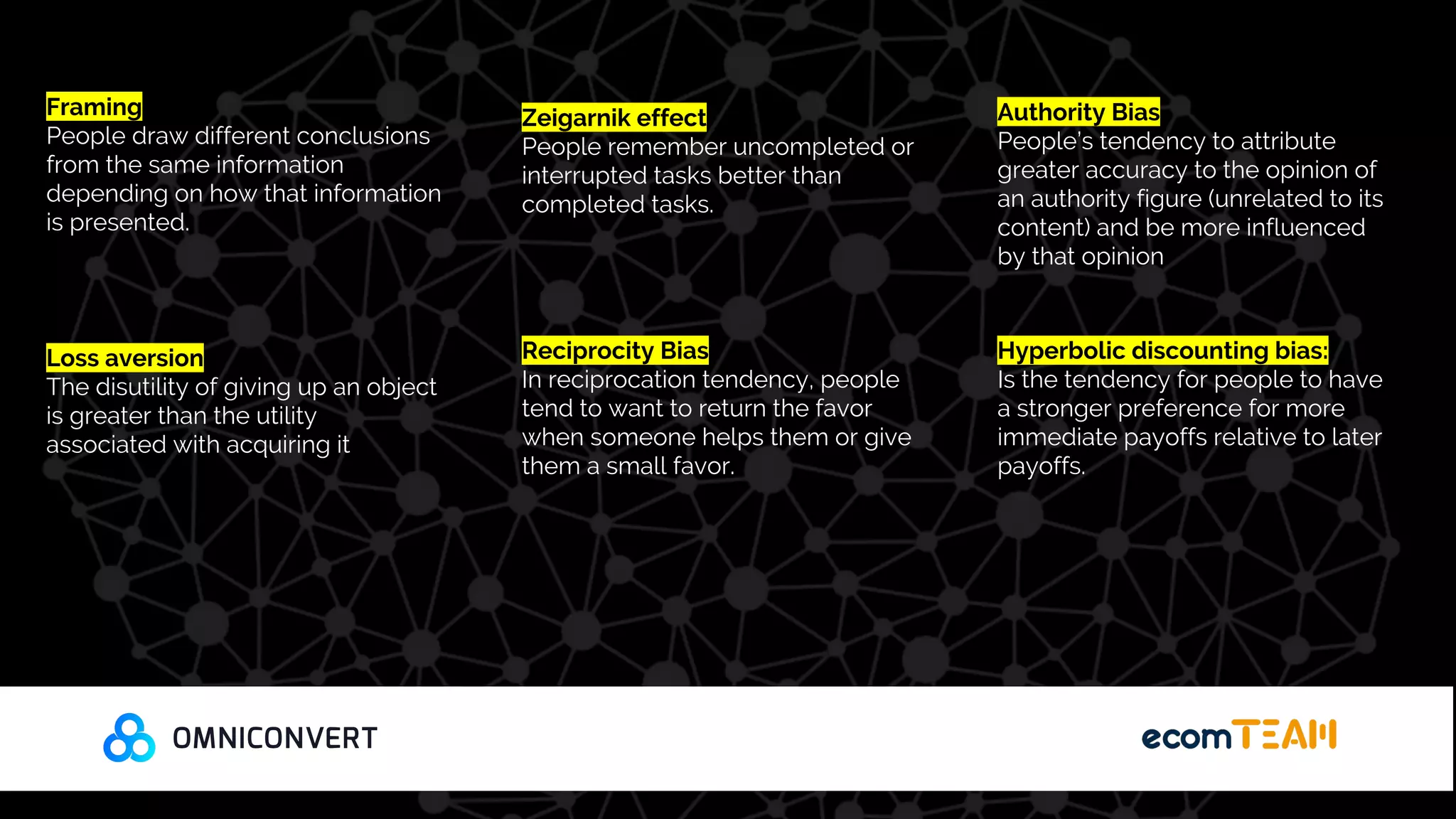 Framing
People draw different conclusions
from the same information
depending on how that information
is presented.
Loss aversion
The disutility of giving up an object
is greater than the utility
associated with acquiring it
Zeigarnik effect
People remember uncompleted or
interrupted tasks better than
completed tasks.
Reciprocity Bias
In reciprocation tendency, people
tend to want to return the favor
when someone helps them or give
them a small favor.
Authority Bias
People’s tendency to attribute
greater accuracy to the opinion of
an authority figure (unrelated to its
content) and be more influenced
by that opinion
Hyperbolic discounting bias:
Is the tendency for people to have
a stronger preference for more
immediate payoffs relative to later
payoffs.
 