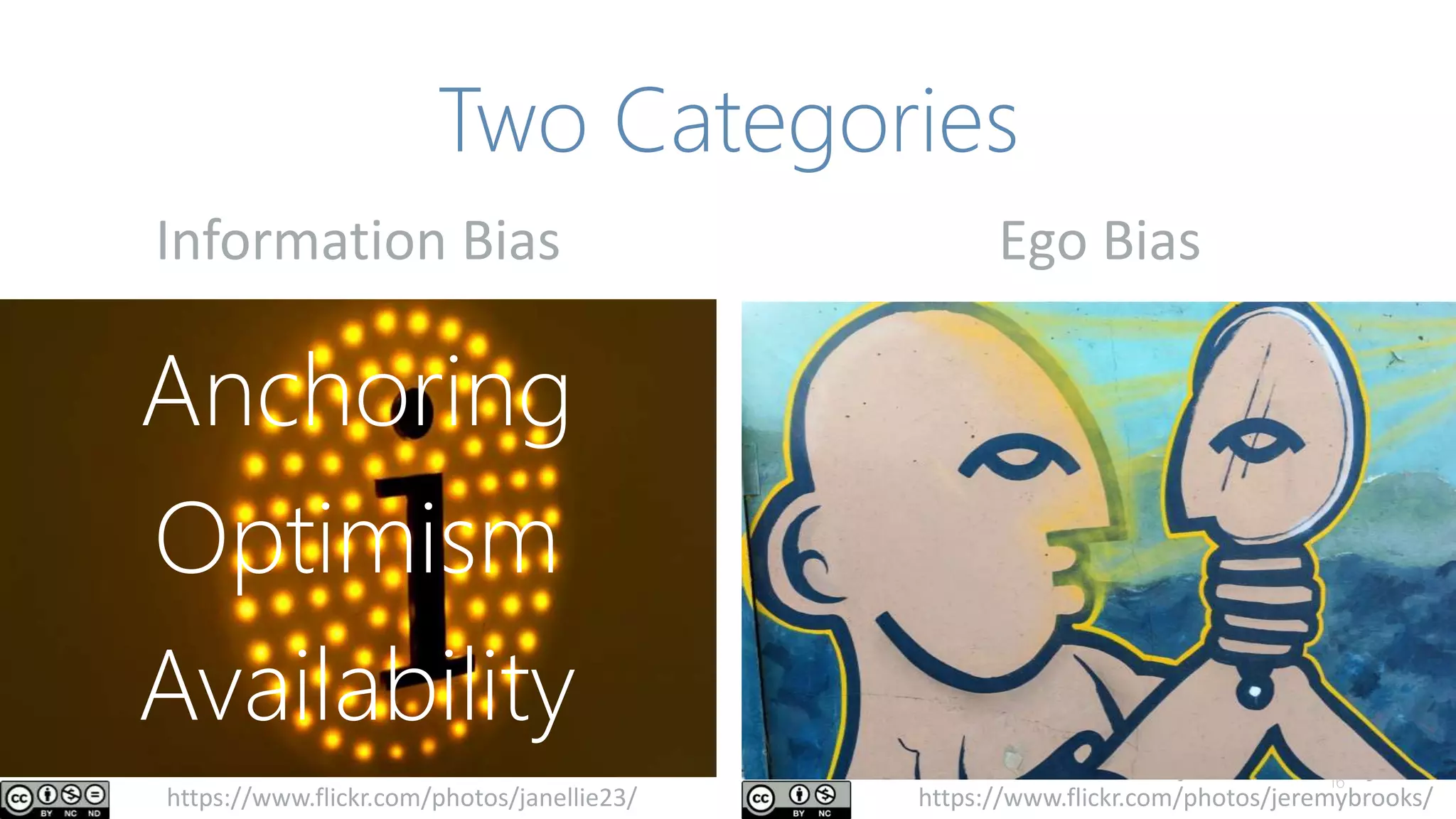 Two Categories
16
https://www.flickr.com/photos/jeremybrooks/https://www.flickr.com/photos/janellie23/
Ego BiasInformation Bias
Anchoring
Optimism
Availability
 