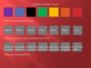 Cognitive memory Log-on




Which is your favorite color?



School      Work       Home        Play       Train       Plane        Car


Where were you when you heard about 9-11?


These will be images of different things including the one supplied by the user.
Examples: Sibling, Newscaster, Radio DJ, Friend, parent, computer, child

Who told you about 9-11?
 